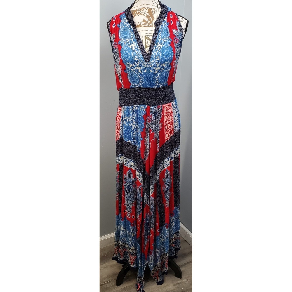 Bila Maxi Dress Womens M Multi Paisley Bandana Print Sleeveless Smocked Waist